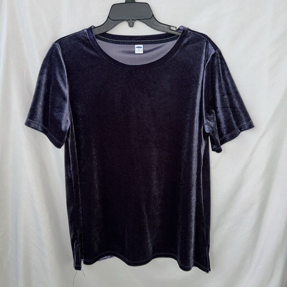 Old Navy Women’s Medium Dark Blue Velour Short Sleeve Top Shirt minimalist glam - Picture 2 of 14